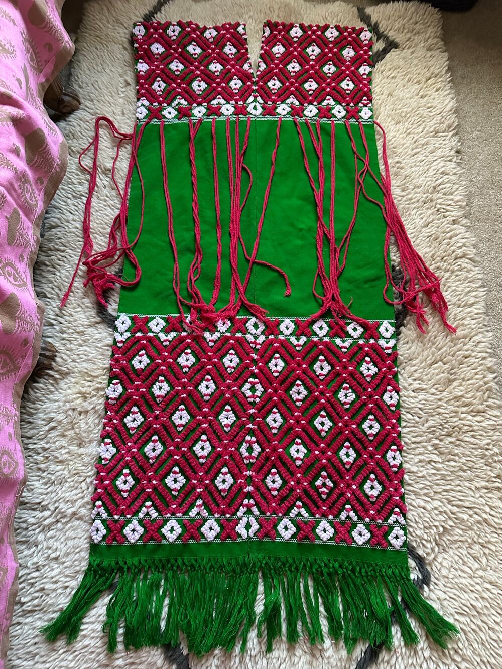 Women's Thai Hill Tribe Style dress Handmade Cotton blend green red long fringe